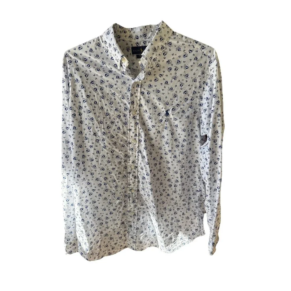 Polo Ralph Lauren Mens Stretch Classic Fit Cotton Blend Sailboat Print Shirt Lrg